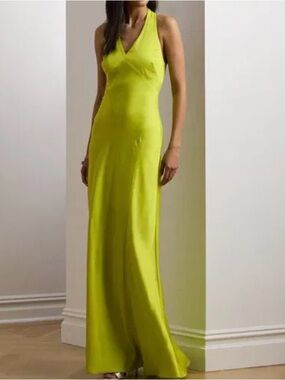 Lauren Ralph Lauren Neon Lime Halter V-Neck Maxi Dress 67 “ long & pit to pit 21